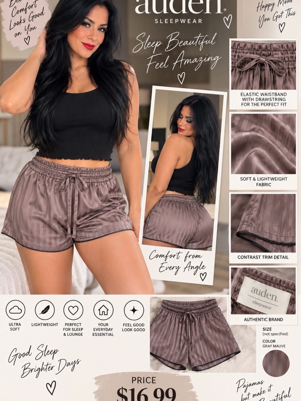 Auden Women’s Gray-Mauve Satin High Waist Lounge Shorts